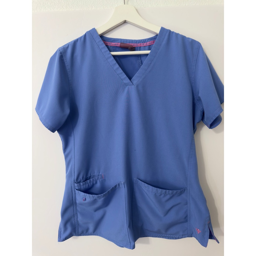 Med Couture Women's Scrub Top Ceil Blue V Neck Short Sleeve Pockets Size M
